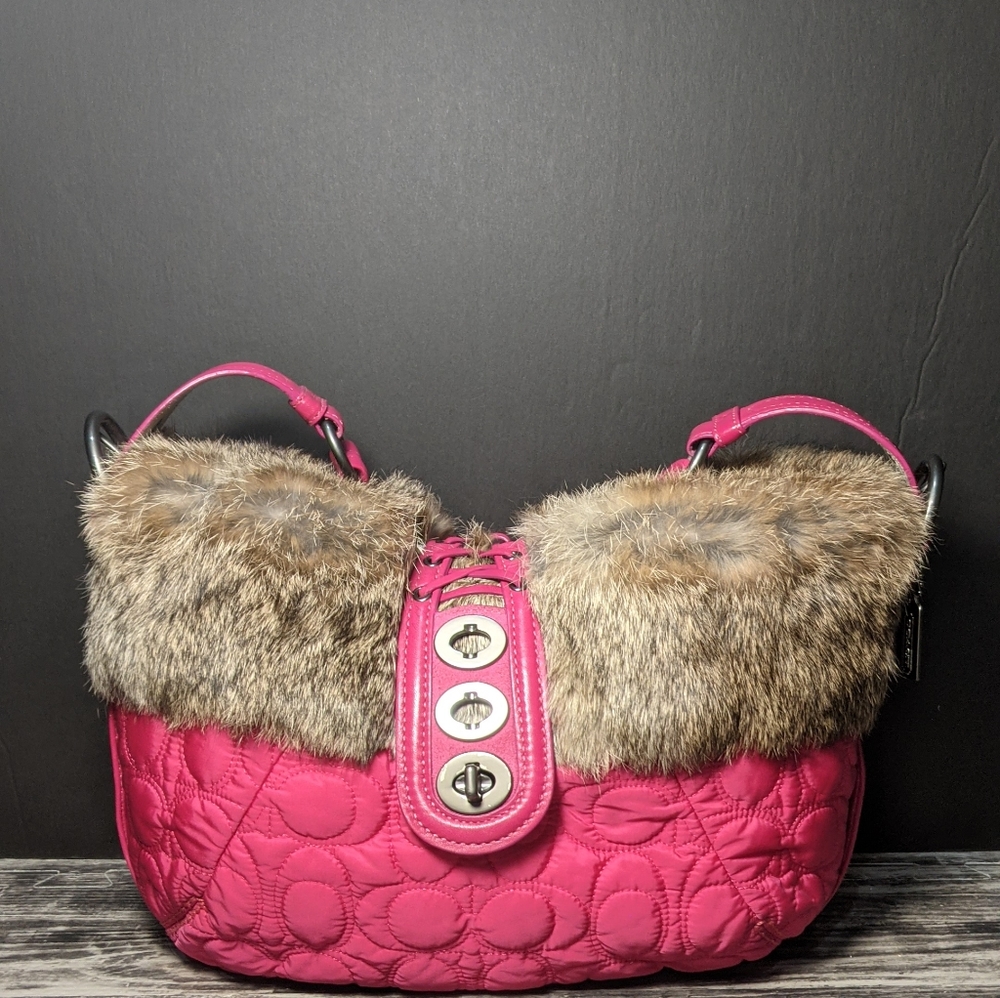 $398 NWOT Coach quilted Rabbit fur nylon should…